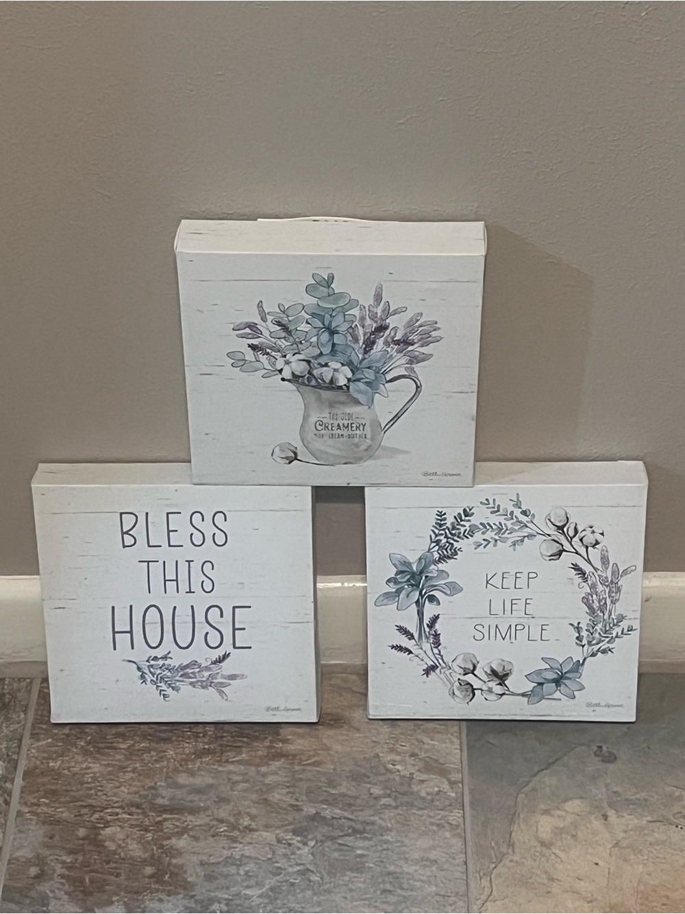 Wall Art Trio "Bless This House" - Blue Botanical